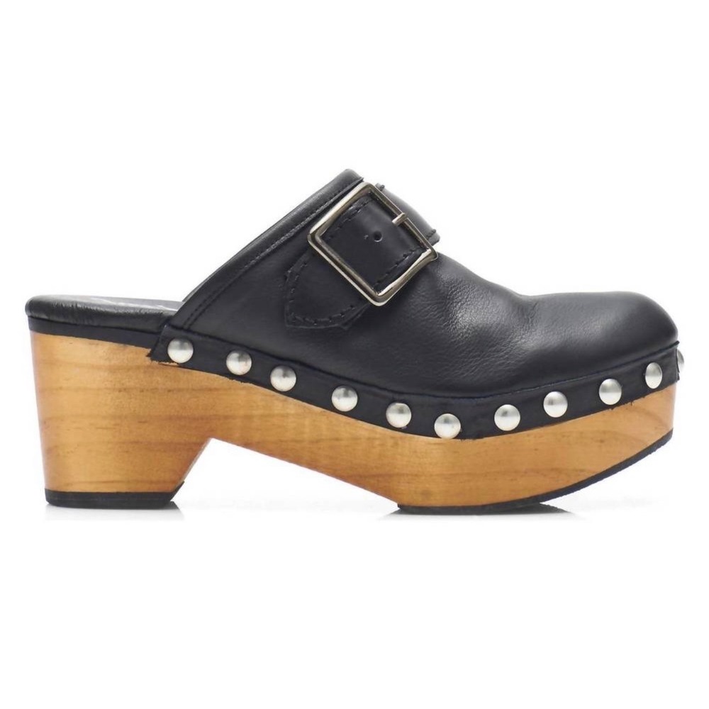 Free People Black Leather Studded Buckle Wood Platform Clogs Made in Spain 38 - Picture 5 of 16